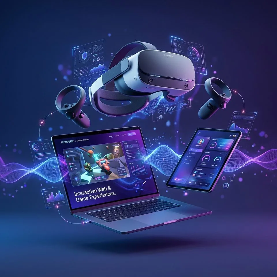Perangkat VR, laptop, dan tablet menampilkan pengalaman web dan game interaktif